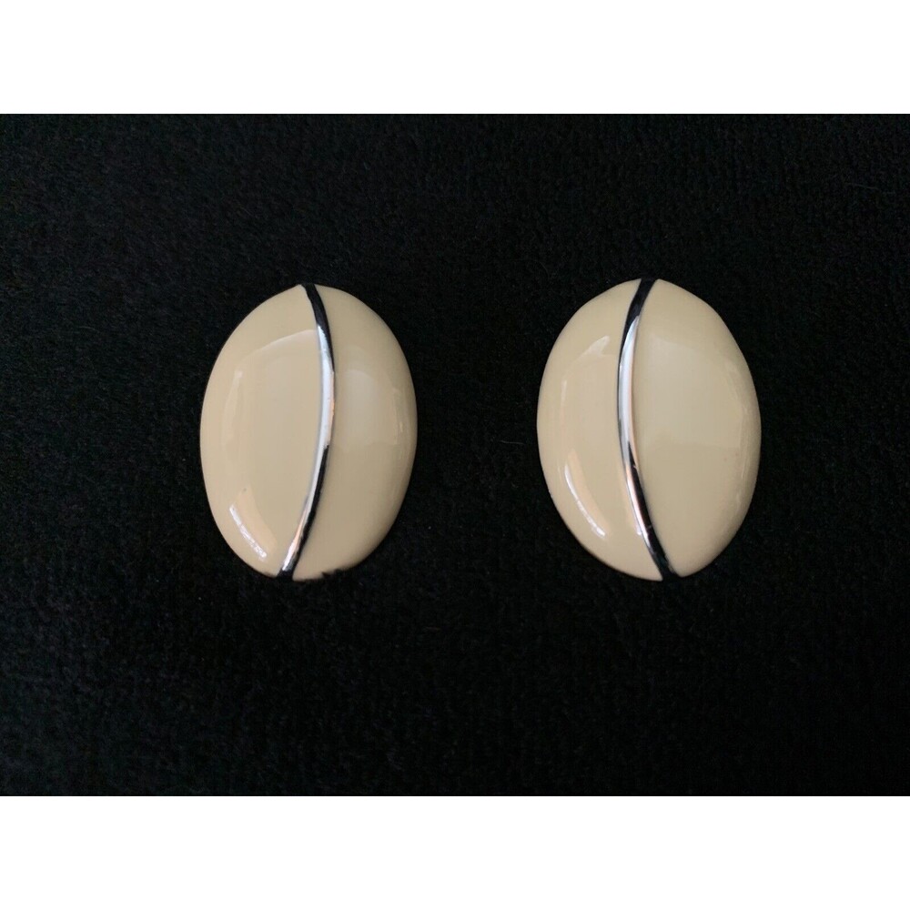 Monet Earrings Cream Enamel Silvertone Pierced Post Vintage